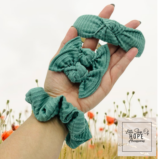 Dark Sage Wavy Rib Headbands + Scrunchies