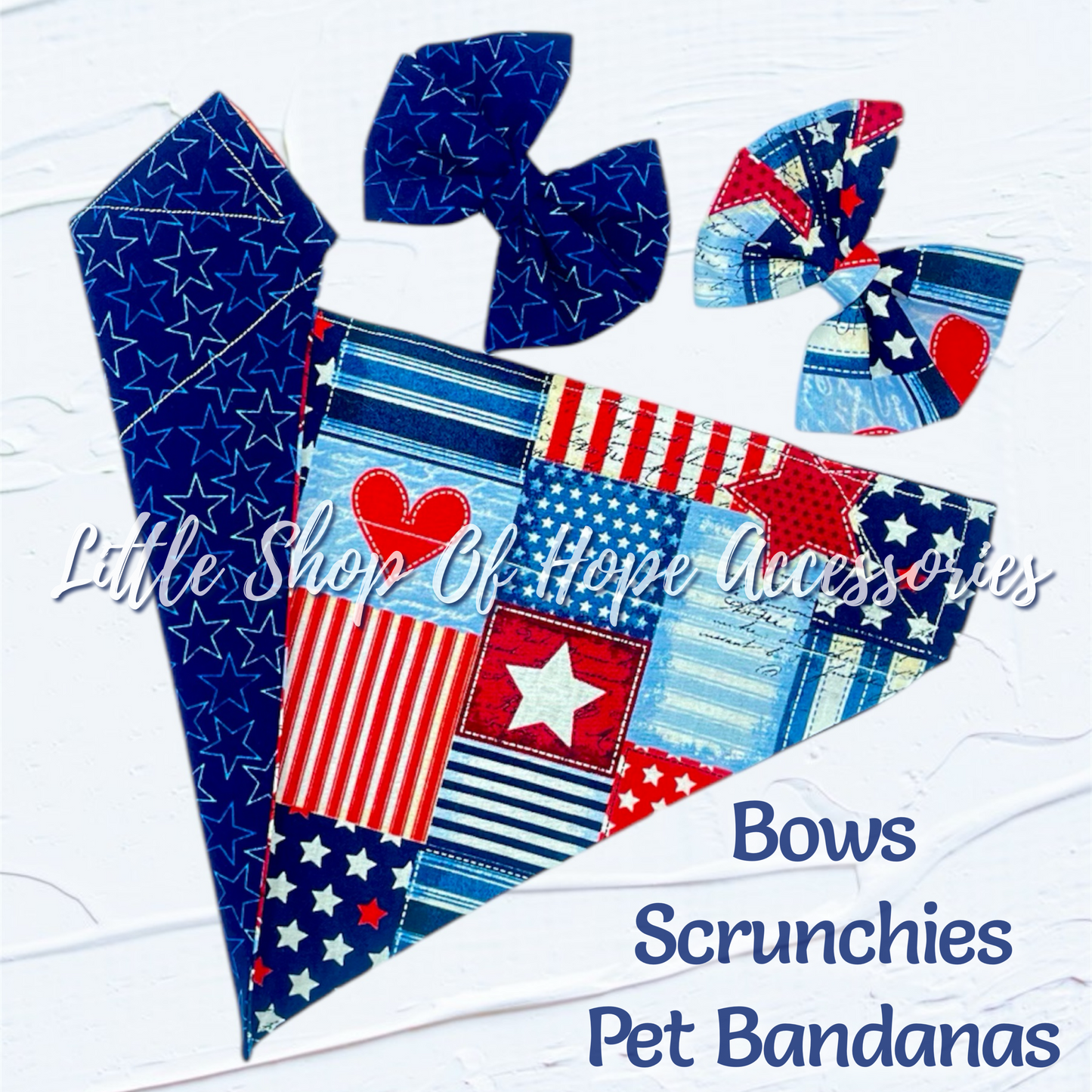 Navy Stars Bows + Scrunchies *100% Cotton