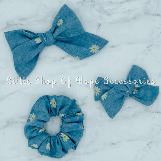 Chambray Flowers School Girl Bows + Scrunchies