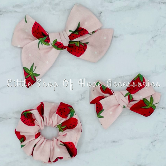 Strawberry Dots School Girl Bows + Scrunchies