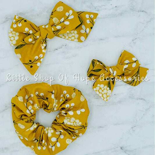 Mustard Floral School Girl Bows + Scrunchies